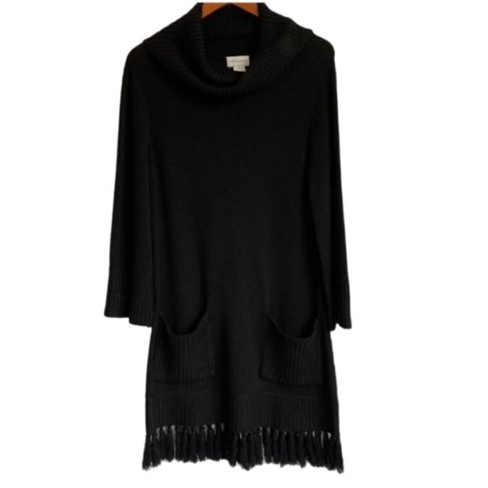 Soft Surroundings Sweater Dress Black Montreux Fringed Hem Cowl Neck w/Pockets - Picture 2 of 6
